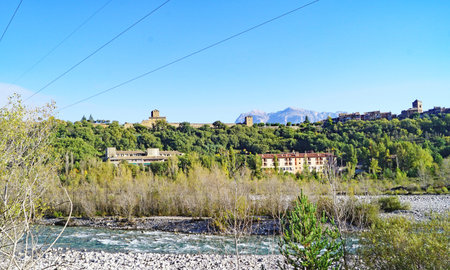 Panoramic of Ainsa with Ara river in the province of Huesca, Aragon, Spain, Europeの写真素材