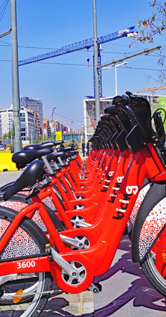 Bicycles for rent in Barcelona, Catalonia, Spain, Europeの写真素材