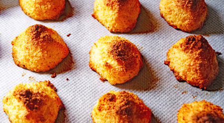 coconut cookies on tablecloth for snack for backgroundの写真素材