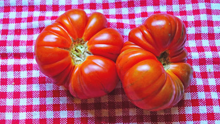 Tomatoes on kitchen boardの写真素材