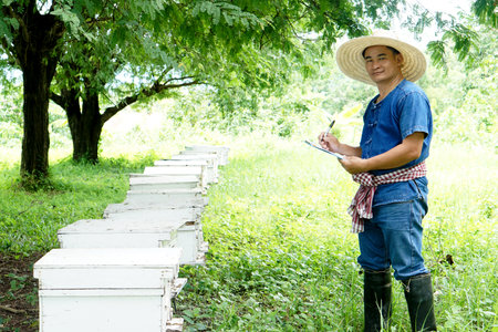 Asian man farmer is surveying and inspecting wooden beekeeping boxes in the orchard for raising bees. Do research to develop quality. Concept , Business beekeeping industry  for hoの写真素材