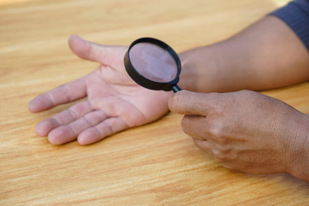 Close-up of a man's hand holding a magnifying glass