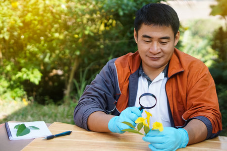 Handsome Asian man science teacher holds magnifying glass to inspect flowers. Concept, outdoor teaching and learning. science subject,Project work. Experiment, education, learningの写真素材