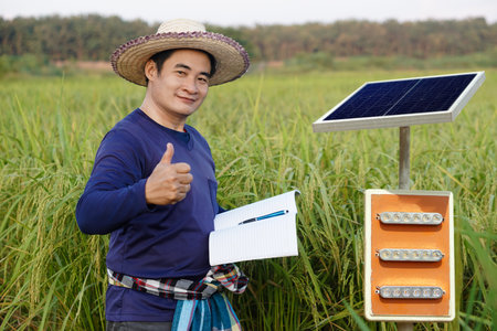 Asian man farmer wears hat, blue shirt, holds notebook paper, thumbs up, stand beside mini solar panel at paddy field. Concept, Renewable energy, Natural power in agriculture.の写真素材