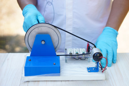 Close Up hands wear blue gloves demonstrate science experiment about electricity circuit from dynamo kit for teaching. Concept, science subject, project work. Experiment, educationの写真素材