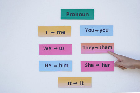 Hand pointing at colorful sticky notes on white wall.の写真素材