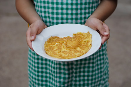 Closeup young boy holds plate of omelet for breakfast. Present his cooking. Concept, easy delicious cooking menu.の写真素材