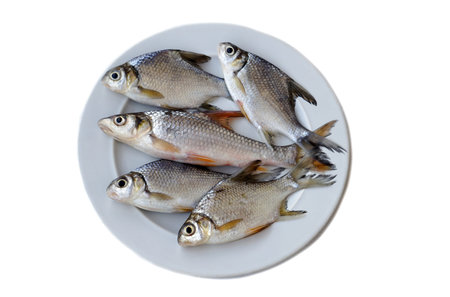 Raw fish for cooking on white plate, on white background. Concept, edible local freshwater fish from...