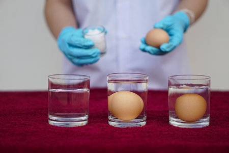Close up science experiment about eggs in water, compare the density by adding salt into water, soak eggs in transparent glass. Concept, easy science activity for learningの写真素材