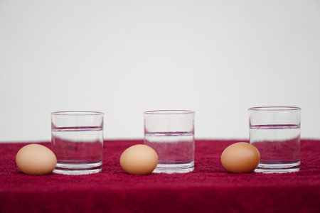 Science experiment , prepare  eggs and water in transparent glass. Concept, easy science test freshness of egg. Activity for learning , studying lesson  in classroom for kids.の写真素材