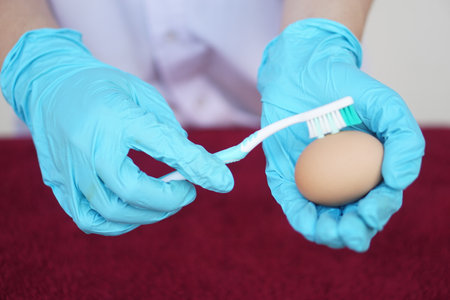 Closeup hands use old toothbrush to clean egg before doing science experiment about freshness of eggs. Concept, fun and easy science activity for learning by doing, studying lessonの写真素材