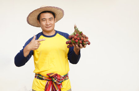 Handsome Asian man farmer wears hat, yellow shirt, holds litchi fruits. Concept, agriculture occupation.  Thai farmers grow organic litchis as an export product of Thailand.の写真素材