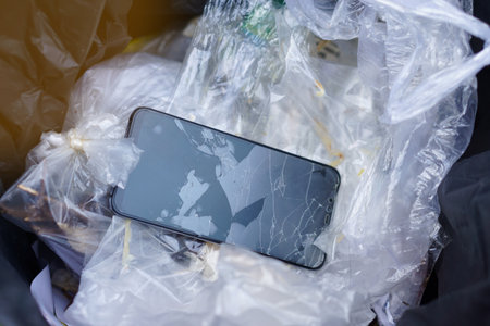 Broken smartphone was thrown in trash bin mixed with plastic garbage. Concept, hazardous  electronic waste should sort before throwing for safety with environment.の写真素材