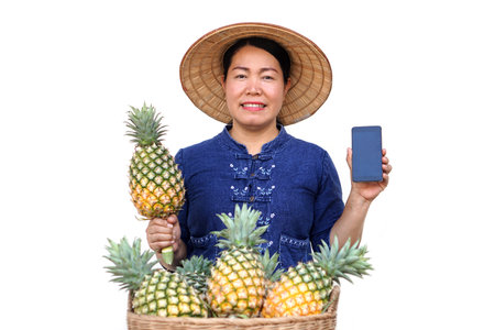 Asian woman gardener wear hat, blue shirt, holds pineapple fruit and smartphone, isolated on white background. Concept, Get profit, income from doing agriculture. Use online apps tの写真素材