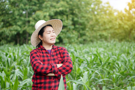 Asian farmer wears hat, red plaid shirt, cross arms on chest, stands at garden. feels confident. Concept, Agriculture occupation. Thai farmer. Working with nature. Organic farming.の写真素材