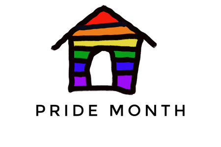 Colorful strip rainbow colors house with text Pride Month. Concept, symbol of LGBTQ+ community. Celebrate around the world in June. Support human right of gender diversity.の写真素材