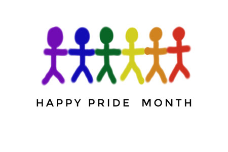 Colorful rain bow colors of drawing picture in human figures with text Happy Pride Month. White background. Concept,  symbol of LGBT community celebration around the world in June.の写真素材