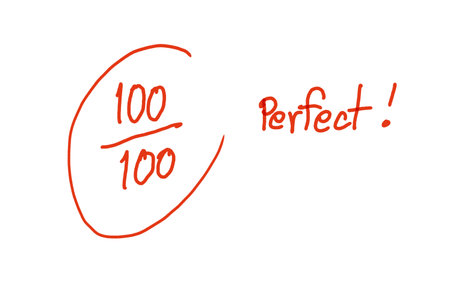 Handwritten with red ink to show exam result with scores 100 from total of 100 Perfect. Concept , educational evaluation Using compliment word to encourage and motivate of learningの写真素材