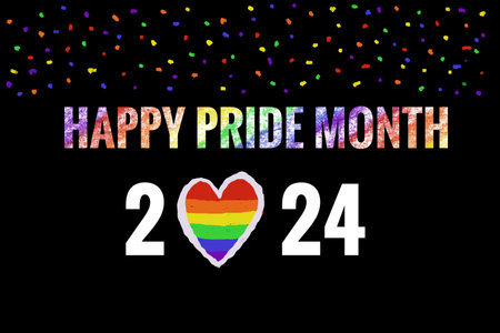 Happy Pride Month 2024, greeting card, decorated with rainbow colors, black background. Concept, symbol of LGBT community celebration around the world in June. Support human rightの写真素材