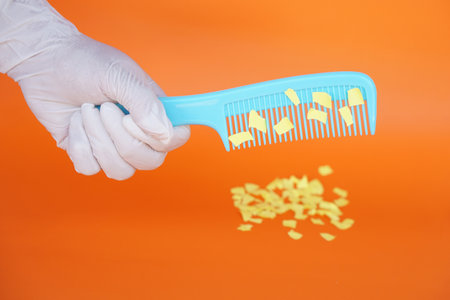 Comb and small pieces of paper. Equipment, prepared to do experiment about static electricity. Orange background. Concept, Science lesson, fun and easy experiment. Education.の写真素材