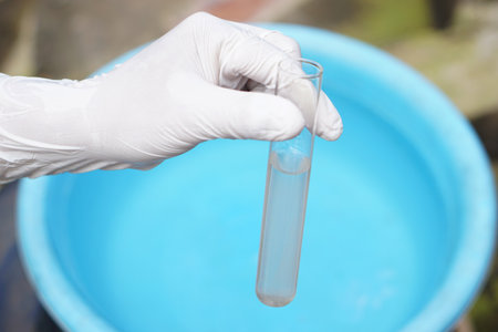 hand holding a test tube with blue water in the background. science conceptの写真素材