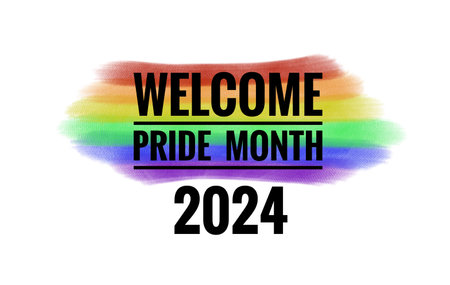 Welcome Pride Month 2024 on hand drawn picture of rainbow colors stripes. White background. Concept, symbol of LGBT community celebration around the world in June.の写真素材