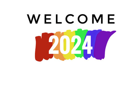 Welcome 2024 on hand drawn picture of rainbow colors stripes. White background. Concept, symbol of LGBT community celebration around the world in June. Support human right.の写真素材