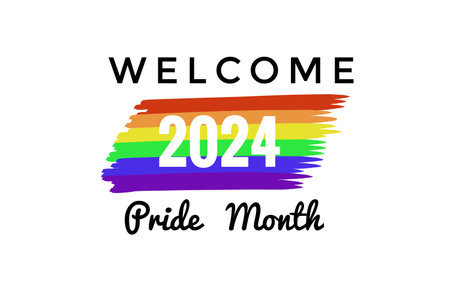 Welcome Pride Month 2024 on hand drawn picture of rainbow colors stripes. White background. Concept, symbol of LGBT community celebration around the world in June.の写真素材