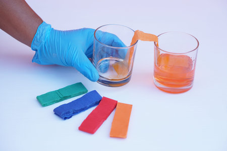 Hand wear blue glove, hold glass of color paper strip to absorb water to another glass. Concept, science lesson activity. Easy experiment for learning. Teaching education materialsの写真素材