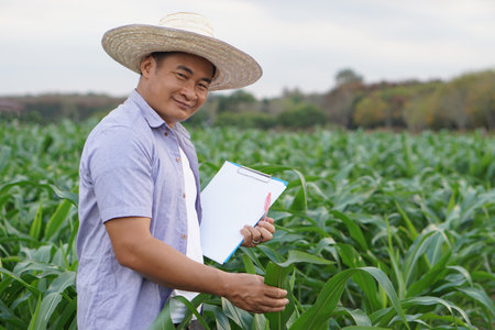 Handsome Asian man farmer is inspecting growth and diseases of plants in garden, wears hat, holds paper clipboard. Concept, Agricultural study and research. Organic farming.の写真素材
