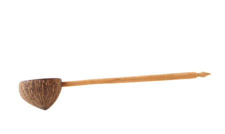 Handcraft dipper made of coconut shell isolated on white background. Concept, DIY craft for using in kitchen for water scoop from natural materials.の写真素材