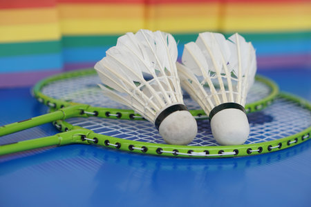 Badminton shuttlecock, sport equipments. Concept, sport, exercise, recreation activity for good health. Popular sport for all genders and LGBTQ+ worldwide.の写真素材
