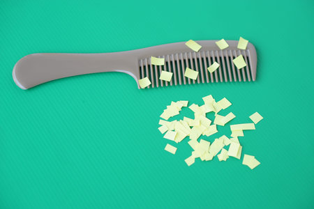 Comb and small pieces of paper. Equipment, prepared to do experiment about static electricity. Green...