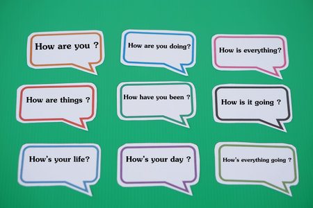 Speech bubbles paper cards with texts to ask questions about How are you ? Concept, Handmade English...