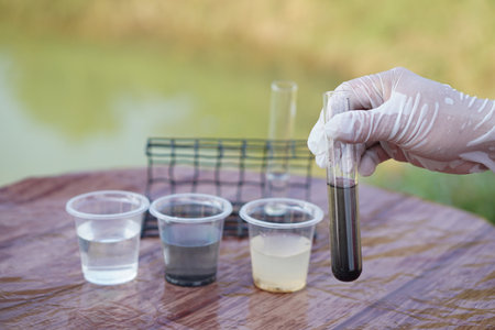 Close up scientist hand hold glass tube that contains sample of water to do science experiment. Concept Testing of water quality and contaminants from natural water sourcesの写真素材