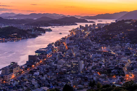 Night view of onomichi water works and onomichi streets from Jodo-ji Templeのeditorial素材