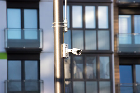Modern technologies in video surveillance. Outdoor surveillance camera with Wi-Fi transmitter white,...