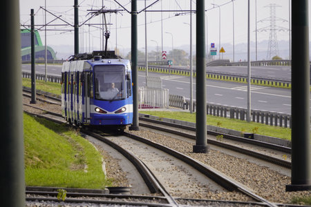 Poland, Krakow: 18.10.2019 - eco-friendly tram in the city, a tourist route in the Park, a walk...