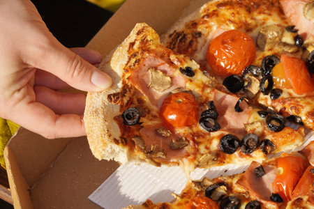 pizza in the sunlight, picnic in nature. rest in country on a warm day. the food in the fresh air