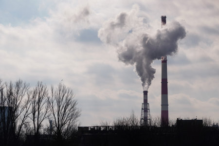 Industrial Landscape, Krakow, Poland: White-red high pipes of the plant with smoke or steam coming...