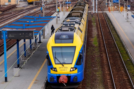 Zywiec, Poland 13.01.2020: Stadler FLIRT electric train EN75-002b arrives at Zywiec station....
