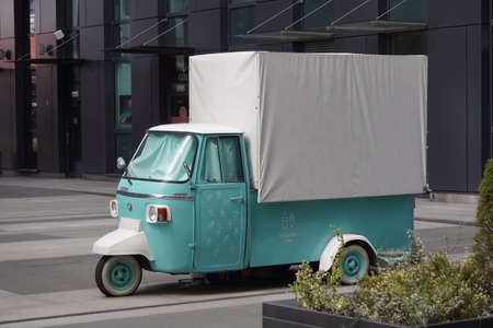 Krakow, Poland 02.15.2020: Closed truck coffee shop due to the global coronavirus pandemic. Street fast food. Trade is prohibited during the quarantine. Loss of small business revenueのeditorial素材