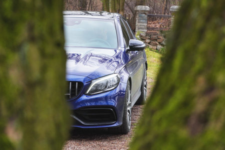 Krakow, Poland 19.02.2020: New luxury sport car Mercedes-benz C-class C63 AMG W205 blue color,...