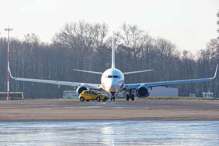Krakow, Poland 04.01.2019: Airplane Boeing 737 at the airport. Cancellation or resumption of...