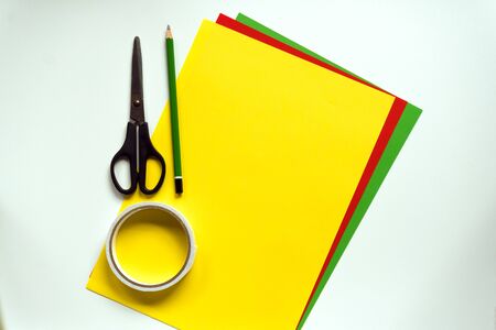 set for creativity with children, handmade gifts for holidays and Christmas and new year. DIY materials: color paper with scissorsの写真素材