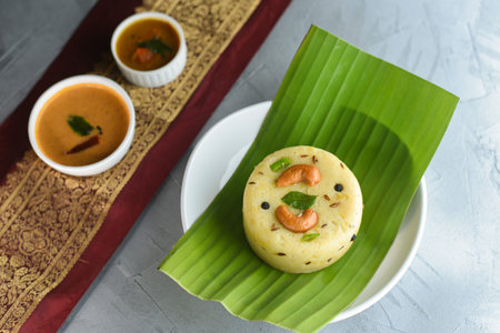 Ven Pongal with Sambar, coconut Chutney popular Indian breakfast food Tamil Nadu festival Pongal...