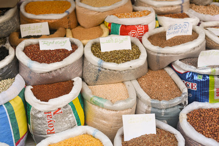 KERALA, INDIA - SEPTEMBER 07, 2019:  Grocery cereal, grains shop on the street at Chalai Bazaar...