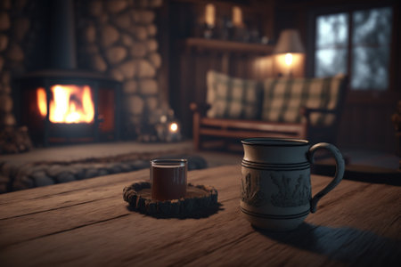 A cozy and inviting cabin in the woods, with a roaring fire and a hot cup of cocoa waiting insideの素材