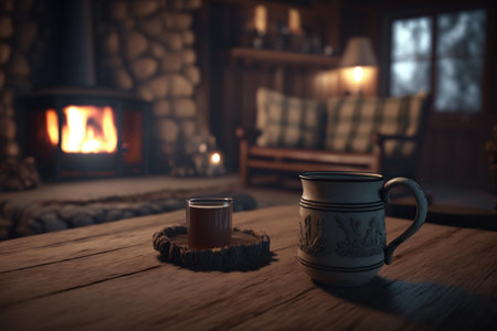 Cup of hot tea on a wooden table in front of the fireplace. ai generatedの素材