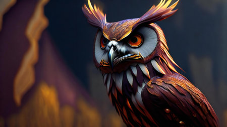 3D rendering of a fantasy owl with golden eyes and wings, ai generatedの素材